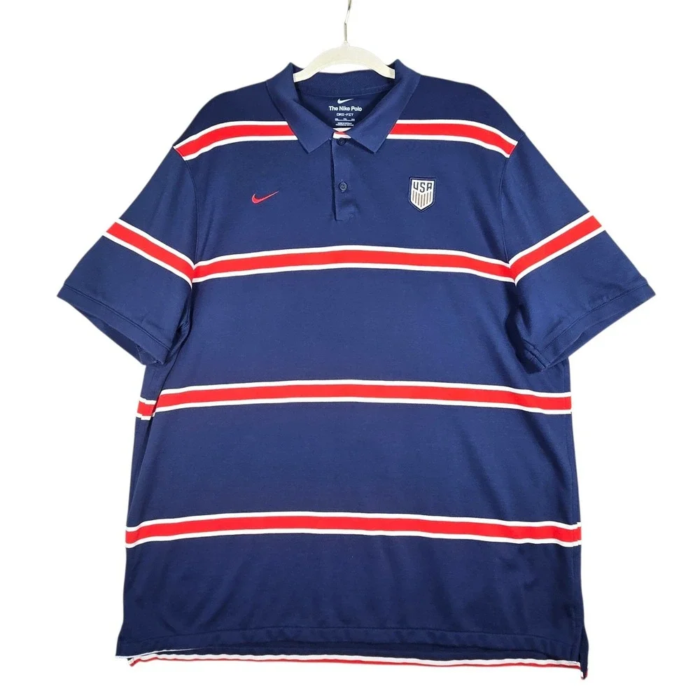 Nike USMNT Polo Shirt Mens XXL Blue Striped USA Soccer Crest Dri-Fit Futbol